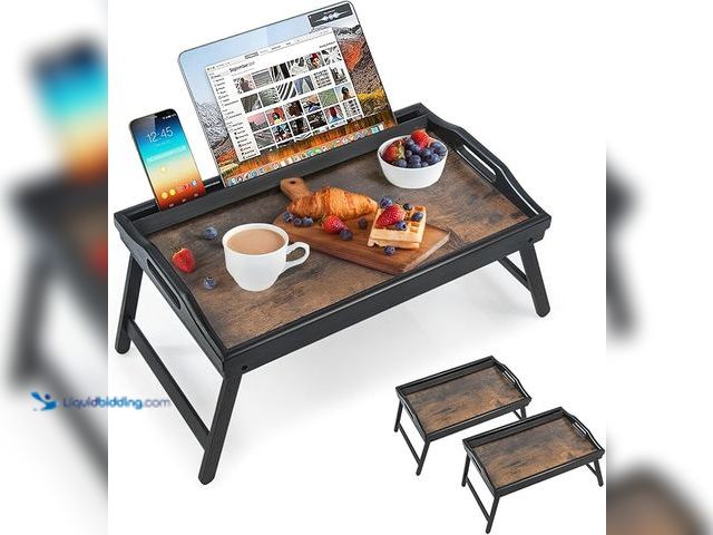 Lot 49-5433778 - 2 Pack Bed Tray Table Breakfast Trays Serving Tray Bamboo Bed Laptap Floding Legs with Handles and P...