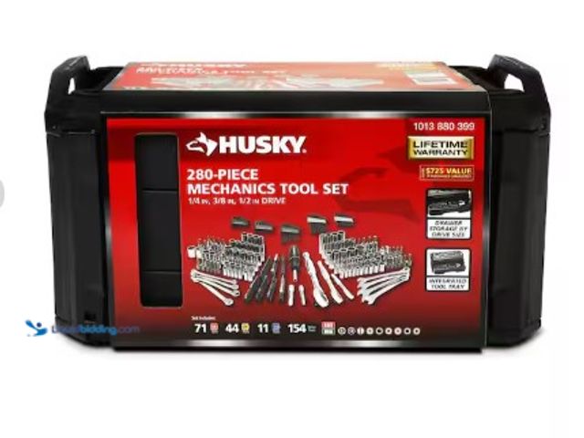 Lot 49-2004491 - Husky 280-Piece SAE/Metric Mechanics Tool Set with Tool Box, Model # H280MTS, Unused, Clamp is chipp...