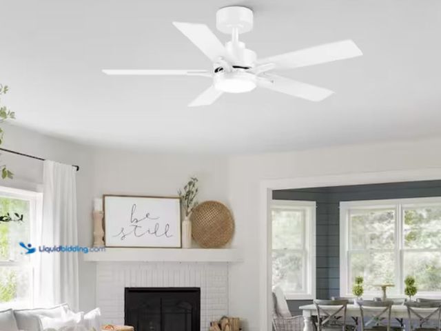 Lot 49-1631213 - Breezary Charlie 42 in. Standard White Covered Outdoor Ceiling Fan with LED Light, Downrod, White Bl...