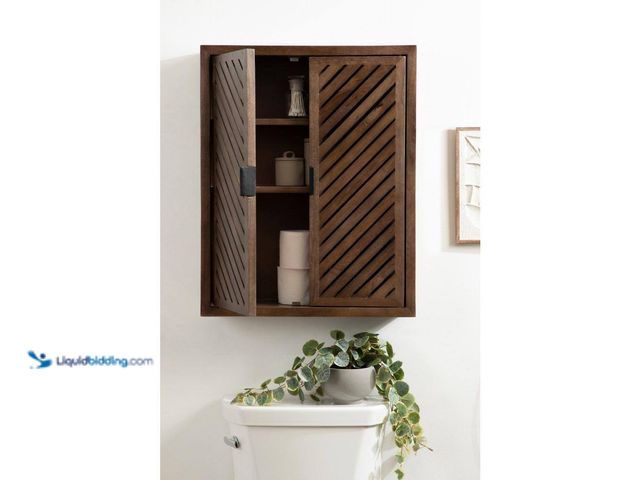 Lot 49-3637910 - Kate & Laurel Mezzeta Brown Wood Decorative Wall Cabinet with 2 Shelves, 28"H x 22"W x 7"D, Model # ...