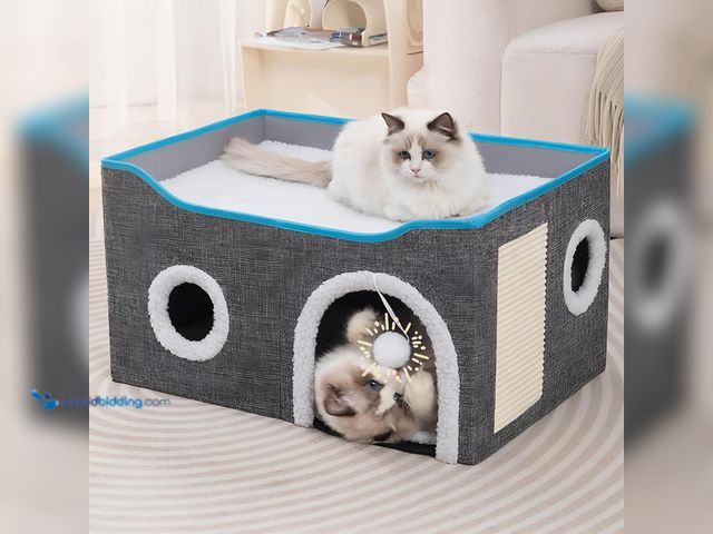 Lot 49-5437231 - Cat Houses for Indoor Cats - Large Cat Bed Cave with Scratch Pad and Fluffy Ball, Foldable Cat Condo...