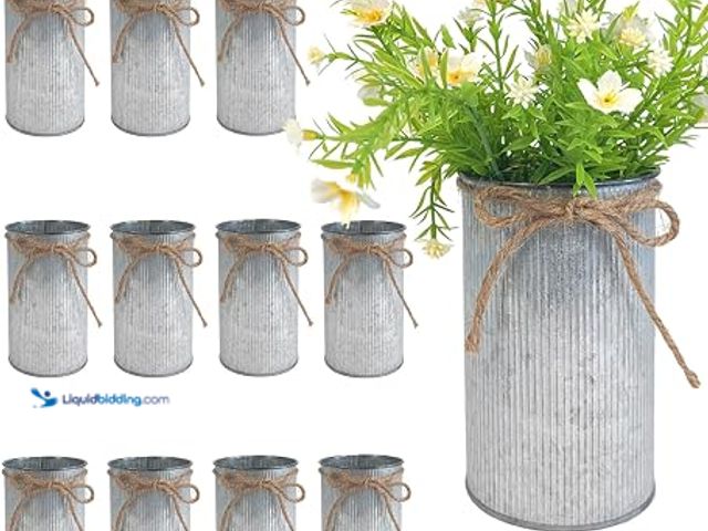Lot 49-2025622 - (12-Pack) 6" High Rustic Metal Mason Jar Vase Centerpiece for Table, Silver, Leakproof, Model # B0FR...