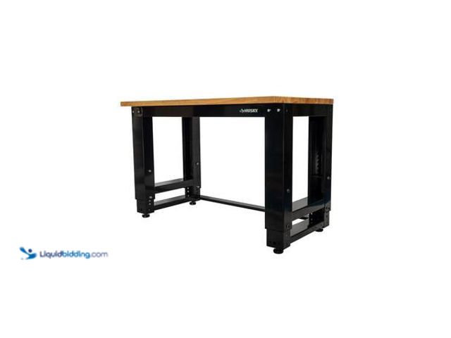 Lot 49-5548817 - Husky 46 in. W x 24 in. Deep Adjustable Height Work Table with Solid Wood Top, Gloss Black Model # H...