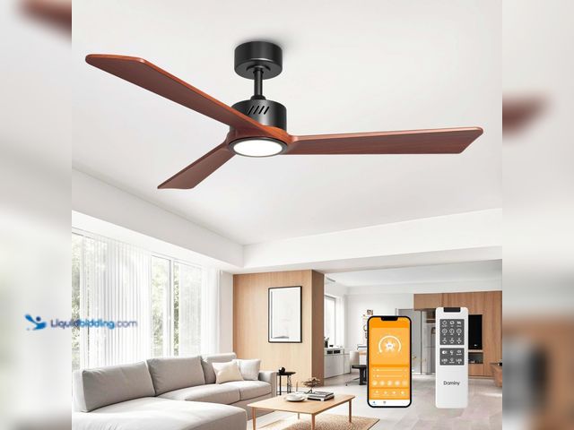Lot 49-3527411 - DAMINY Natural Solid Wood 52 inch Ceiling Fan with Light,3 Blade,6CCT,Black Low Profile Ceiling Fan ...