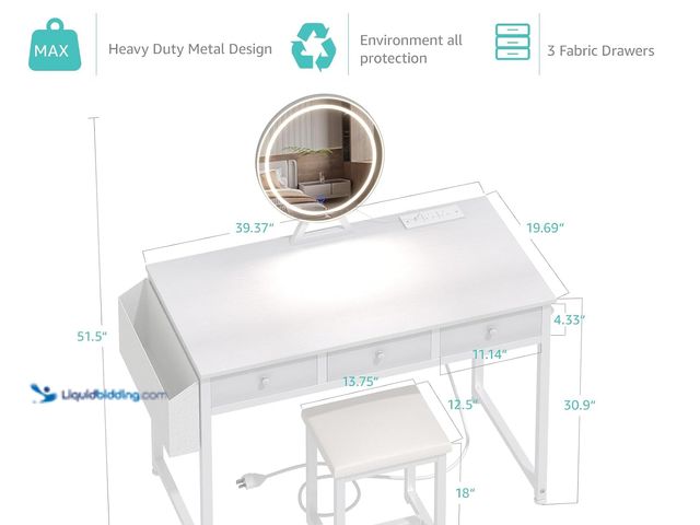 Lot 49-3631474 - White Makeup Vanity Desk with Mirror and Lights, 40 inch Make Up Vanity Desks with Drawers & Power O...