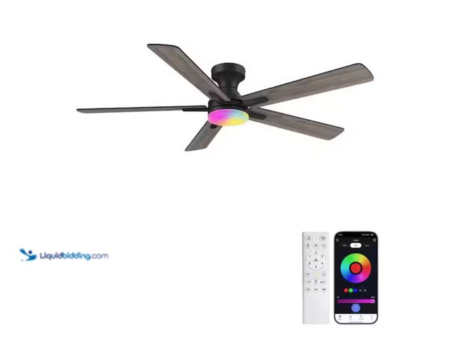 Lot 49-2020905 - REDIAMS 52 in. Smart Outdoor Indoor Black Flush Mount Ceiling Fan with RGB LED Lights and APP/Remote...