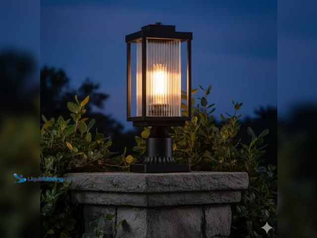 Lot 49-2022748 - pasentel 1-Light Black Metal Outdoor Waterproof Post Light Set with Striped Clear Glass and Base Ada...