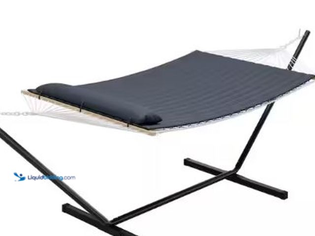 Lot 49-3612733 - OUTGOODS 12 ft. Iron Quilted Portable Outdoor Hammock with Stand in Dark Gray, Polyester Net Bag, Co...