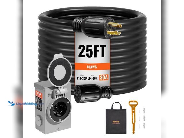 Lot 49-1637972 - 25-Ft 30-Amp 125-Volt Generator Extension Cord and Power Inlet Box Kit SJTW 10 AWG RV Generator Cord...