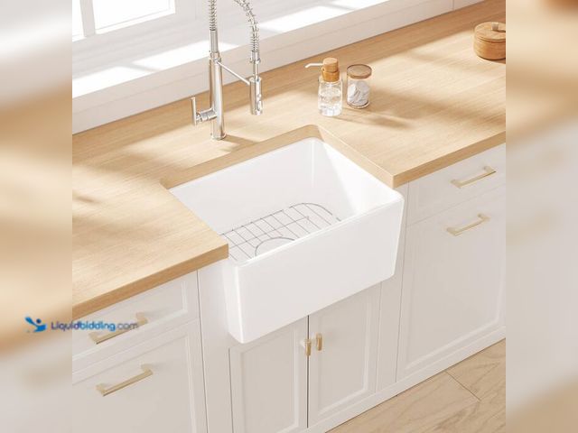 Lot 49-3432639 - Eridanus Denbigh Crisp White Ceramic 21 in. Single Bowl Farmhouse Apron Kitchen Sink with Bottom Gri...