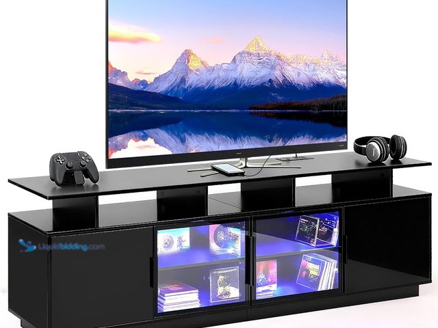 Lot 49-5484554 - 70 Inch Black TV Stand with LED Lights, Power Strips, and USB Charging Station for Mobile Phones, Tr...