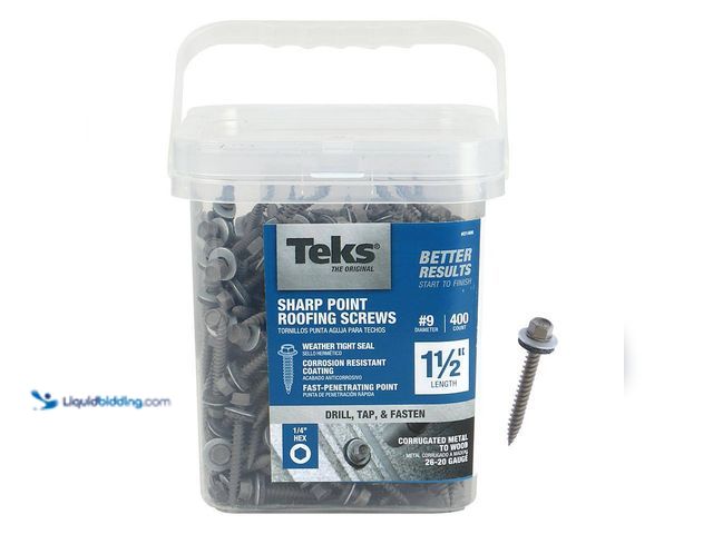 Lot 49-5463809 - Teks
#9 x 1-1/2 in. External Hex Drive Washer Head Roofing Screws (400-Pack) Unused