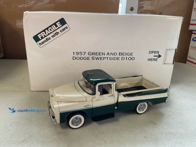 Lot 49-1505262 - COLLECTIBLE HIGH END DETAIL!! DANBURY MINT 1/24 SCALE DIECAST 1957 GREEN AND BEIGE DODGE SWEPTSIDE D...