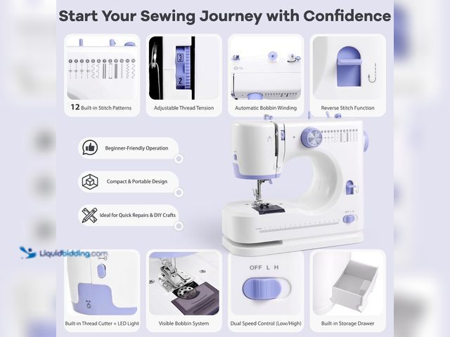 Lot 49-5549616 - Beginner-Friendly Mini Sewing Machine with 12 Built-in Stitches, Sewing Machine with Foot Pedal, Por...