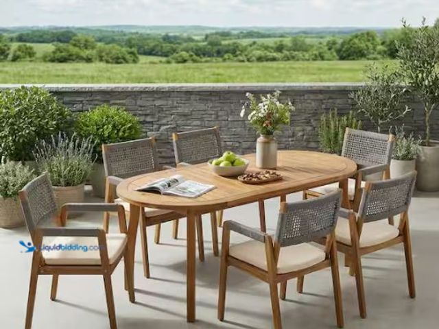Lot 49-1624471 - CHRISTOPHER KNIGHT HOME Matan 7-Piece Oval Gray Solid Wood Top Outdoor Dining Table Set with Beige C...