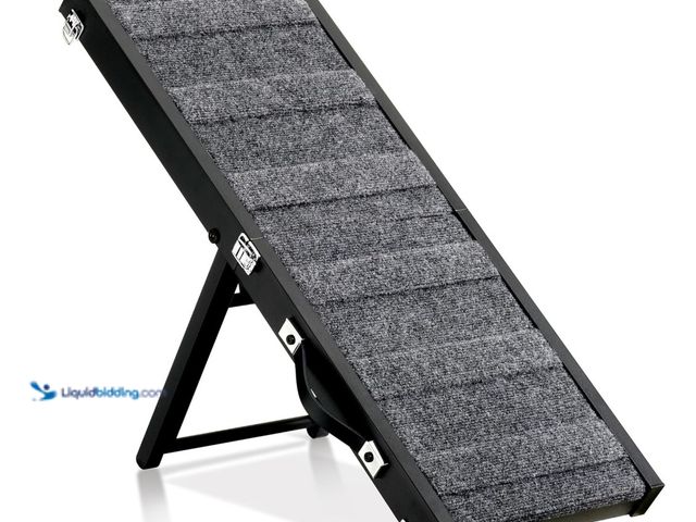 Lot 49-1519812 - 12" x 32" Pet Stair Ramp for Small Dogs, Folding 4-Level Adjustable, Non-Slip, Portable Wood Dog Ram...