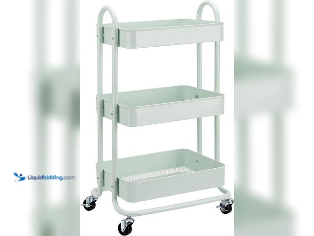 Lot 49-5406699 - Amazon Basics 3-Tier Metal Rolling Utility or Kitchen Cart - Mint Green, Unused.