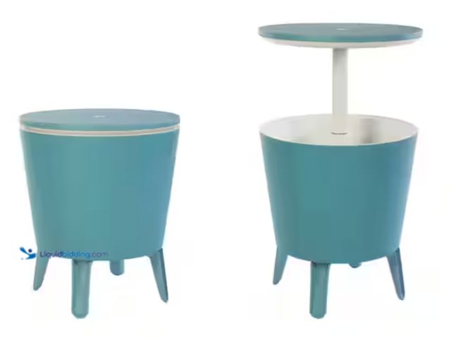 Lot 49-2000128 - Keter Cool Bar Teal Resin Outdoor Accent Table and Cooler in One, Model # 233630, Slightly used, Has...