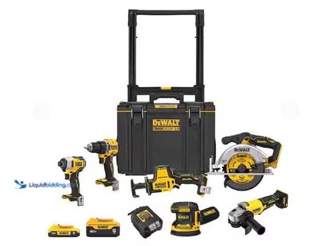 Lot 49-1601333 - DEWALT 20V Lithium-Ion Cordless 6-Tool Combo Kit with 5.0 Ah and 2.0 Ah Batteries, Charger and Tough...