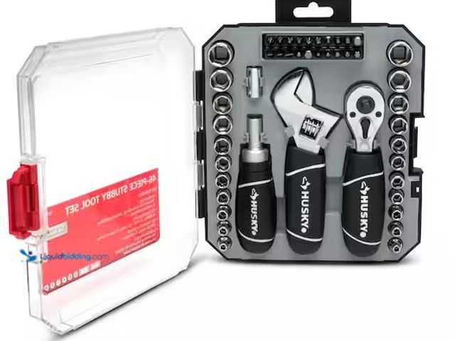 Lot 49-3639321 - Husky 1/4 in. and 3/8 in. Drive Stubby Ratchet and Socket Set (46-Piece), NOTE: Missing 7, 14, and 5...