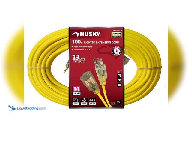 Lot 49-5409062 - Husky
100 ft. 14/3 Medium Duty Indoor/Outdoor Extension Cord with Lighted End, Yellow Unused