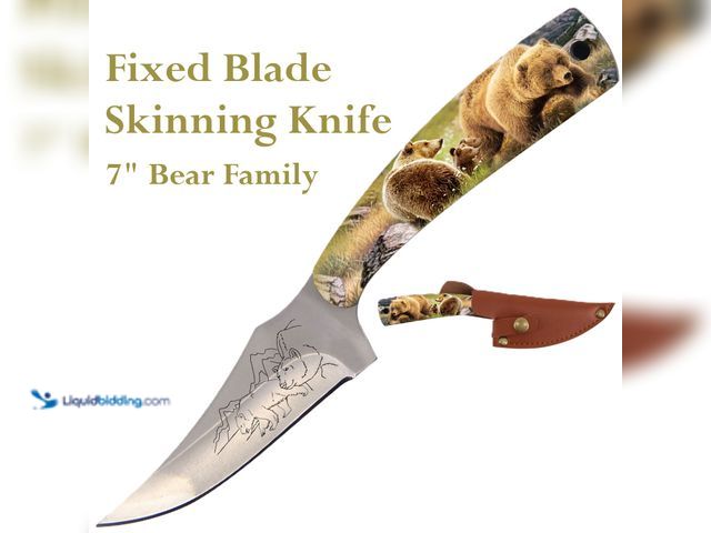 Lot 49-3435365 - Full Tang Fixed Blade Skinning Knife 7" Bear Family - NEW - The skinner style blade curves upward an...