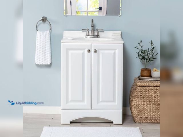 Lot 49-1548552 - Glacier Bay 25 in. Single Sink White Bath Vanity with Cultured Marble Top (Assembled). Model # GB24P...