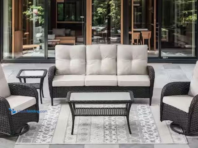 Lot 49-2020591 - Opohoro Black 5-Piece Wicker Patio Conversation Set with Swivel Rockers, Outdoor Sofa Seating Set wi...