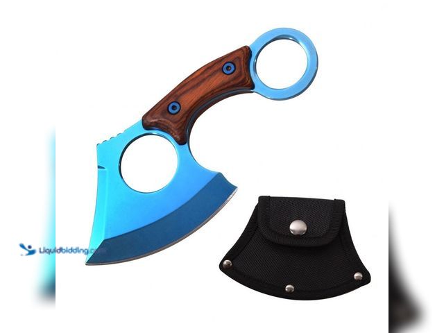 Lot 49-3481305 - Blue Titanium Karambit Edge Fixed Blade Cleaver Axe with Wood Handle - NEW - A great tool when you n...