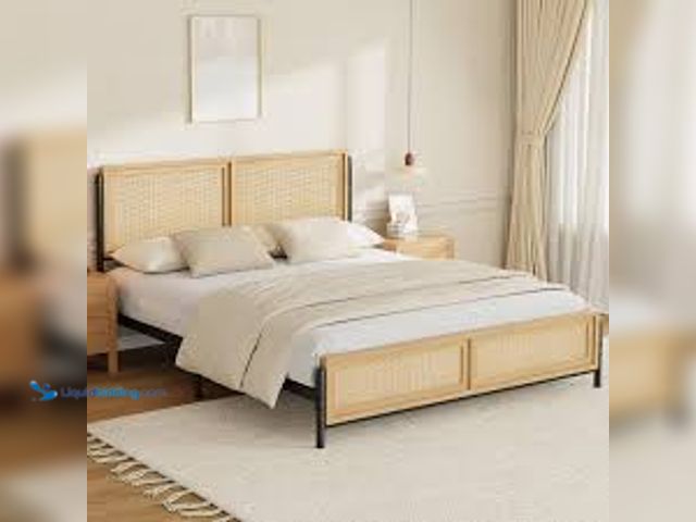 Lot 49-3536803 - Qeetex Boho King Size Bed Frame with Natural Rattan Headboard and Footboard Wooden King Platform Bed...