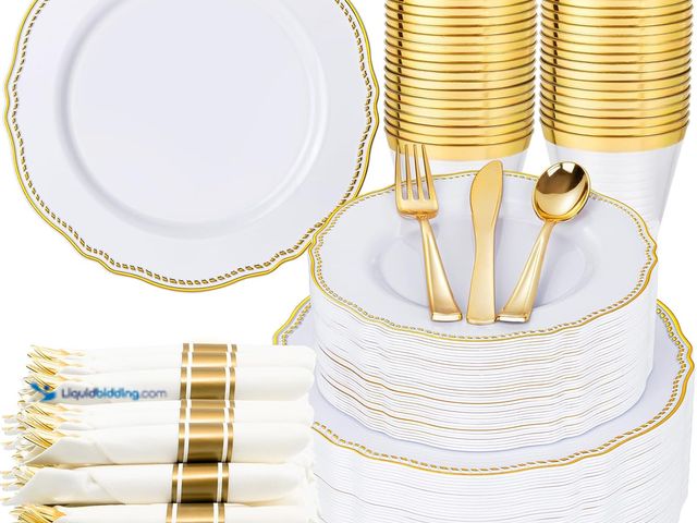 Lot 49-5453672 - Hioasis 350pcs White and Gold Plastic Plates - Gold Plastic Dinnerware Set Includes 50 Dinner Plates...