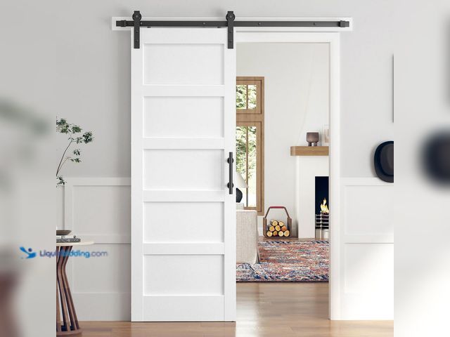 Lot 49-5437157 - easelife 32 in. x 80 in. 5-Panel Solid MDF White Finished Interior Sliding Barn Door with Hardware K...