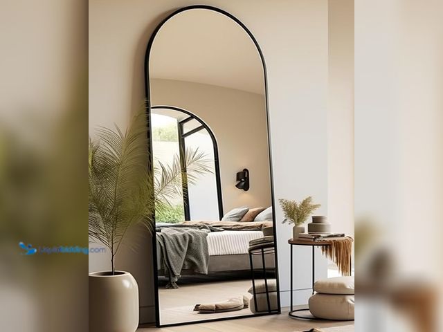 Lot 49-1630819 - Full Length Mirror 71"x 27" Arched Floor Mirror, Wood Grain, Model # HTGXZJ-2871-A-BRE, Unused. (NOT...