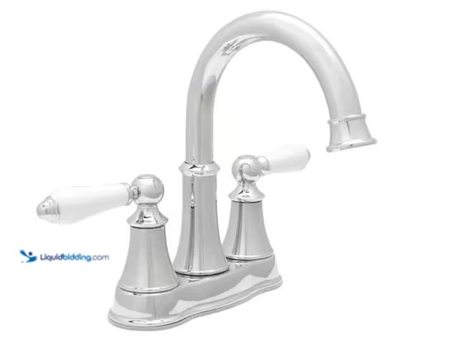 Lot 49-1628224 - Pfister Courant 4 in. Centerset 2-Handle Bathroom Faucet in Polished Chrome with White Handles, Mode...