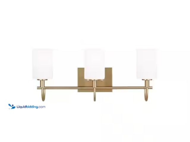 Lot 49-1570048 - Generation Lighting Oak Moore 23.875 in. 3-Light Satin Brass Vanity Light with Etched/White Glass Sh...