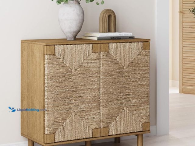 Lot 49-3463432 - Nathan James Beacon Accent Natural Sideboard Storage Cabinet in Light Wood with Adjustable Interior ...