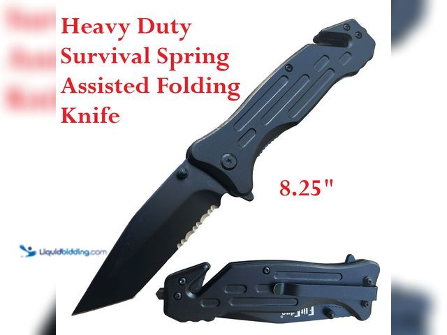 Lot 49-1616533 - ElitEdge Heavy Duty Survival Spring Assisted Folding Knife 8.25" Black with Tanto Blade - NEW - This...