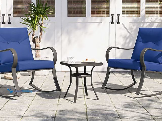 Lot 49-1636787 - Aok Garden Patio Furniture Set 3-Piece Garden Rocking Chairs with Thick Cushions and Tempered Glass ...