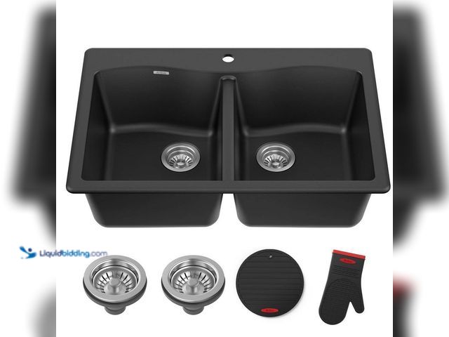 Lot 49-5410570 - KRAUS Forteza 33 in. Drop-In/Undermount 50/50 Double Bowl Black Granite Composite Kitchen Sink. [Mod...