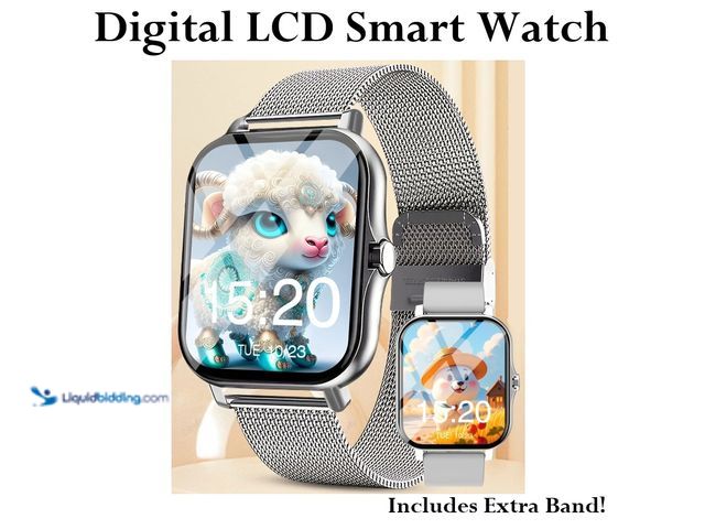 Lot 49-1616284 - Waterproof Smart Watch with Digital LCD Screen Silver Case with Silver Silicone Band and Bonus Silve...