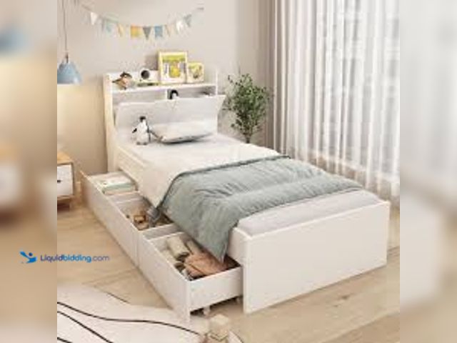 Lot 49-5485604 - FUFU&GAGA White Wood Frame Twin Bed Platform Bed Storage Bed with 3-Wheels Drawers and Headboard. Mo...