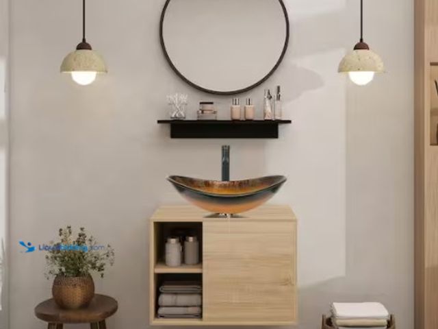 Lot 49-5459592 - Puluomis 24 in. W x 19 in. D x 17 in. H Single Sink Burlywood Bath Vanity with Black/Gold Solid Surf...