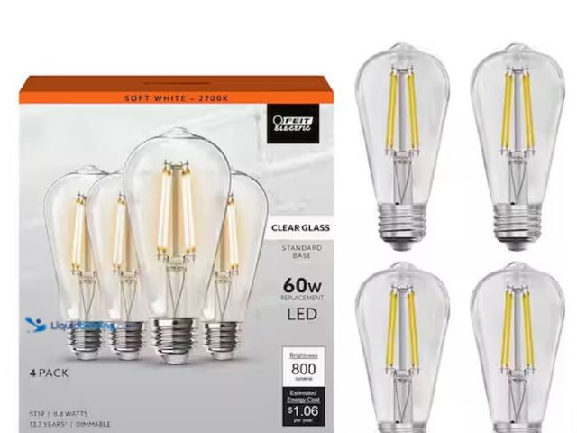 Lot 49-1631329 - Lot of (4) boxes of Feit Electric 60-Watt Equivalent ST19 Dimmable Straight Filament Clear Glass E26...
