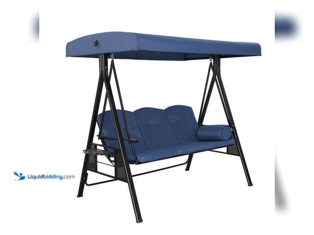Lot 49-5414287 - Navy Blue Steel 3-Person Outdoor Canopy Swing Patio Swing with Removable Mat and Convertible Canopy ...