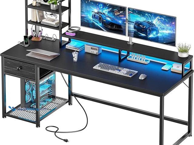 Lot 49-3472672 - EnHomee 55 Inch Gaming Desk with Hutch and Drawers, Reversible Computer Desk with Monitor Shelf, Hom...