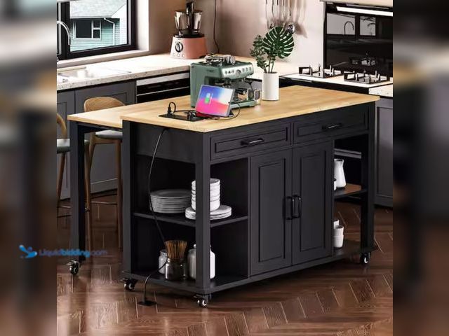 Lot 49-2005457 - Harper & Bright Designs Black Kitchen Cart with Extendable Dining Table, Internal Racks, 4-Open Side...