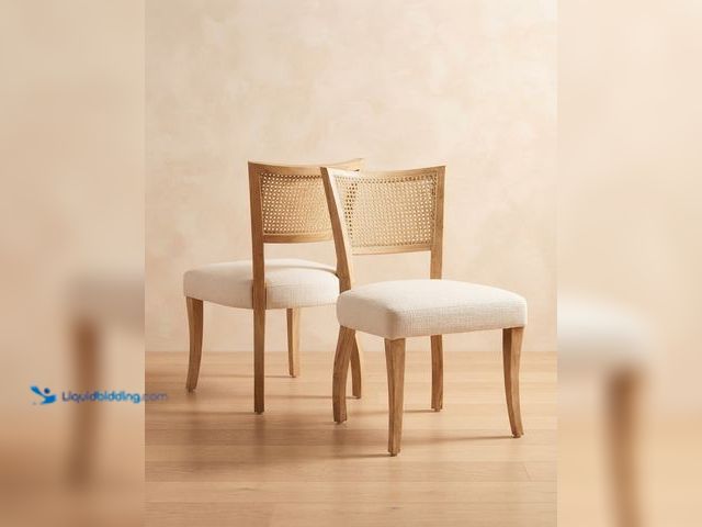 Lot 49-3637898 - Set of (2) Alma Modern Natural & Beige Fabric Upholstered Dining Chairs with Rattan Curved Back and ...