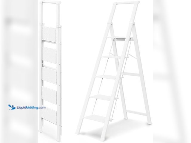 Lot 49-1631879 - 5 Step Ladders for Home, 300lbs Load, 46'' Top Step, White | 10ft Reach; For Closets, Kitchens; Anti...