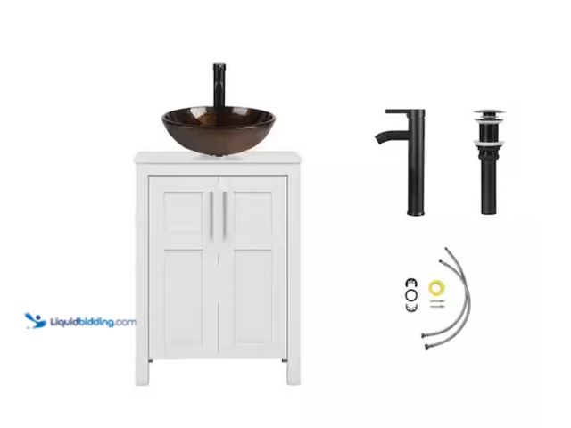 Lot 49-1571330 - Puluomis 24 in. W x 18.1 in. D x 31 in. H Single Sink White Bath Vanity with White Solid Surface Top...