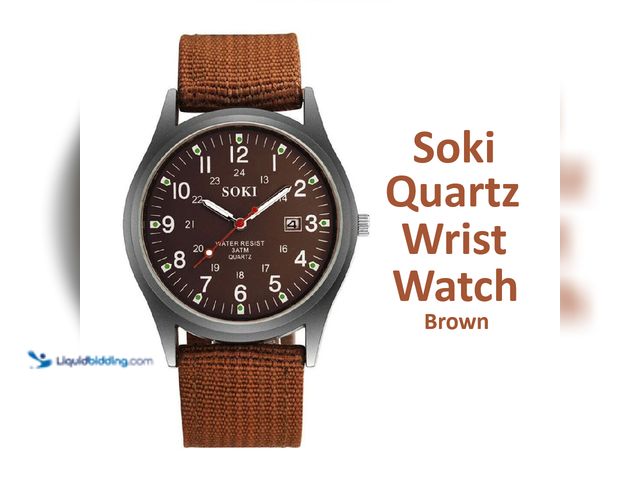 Lot 49-1820668 - SOKI Quartz Wrist Watch with Date Display and Nylon Strap - Brown - Featuring quartz movement, lumin...